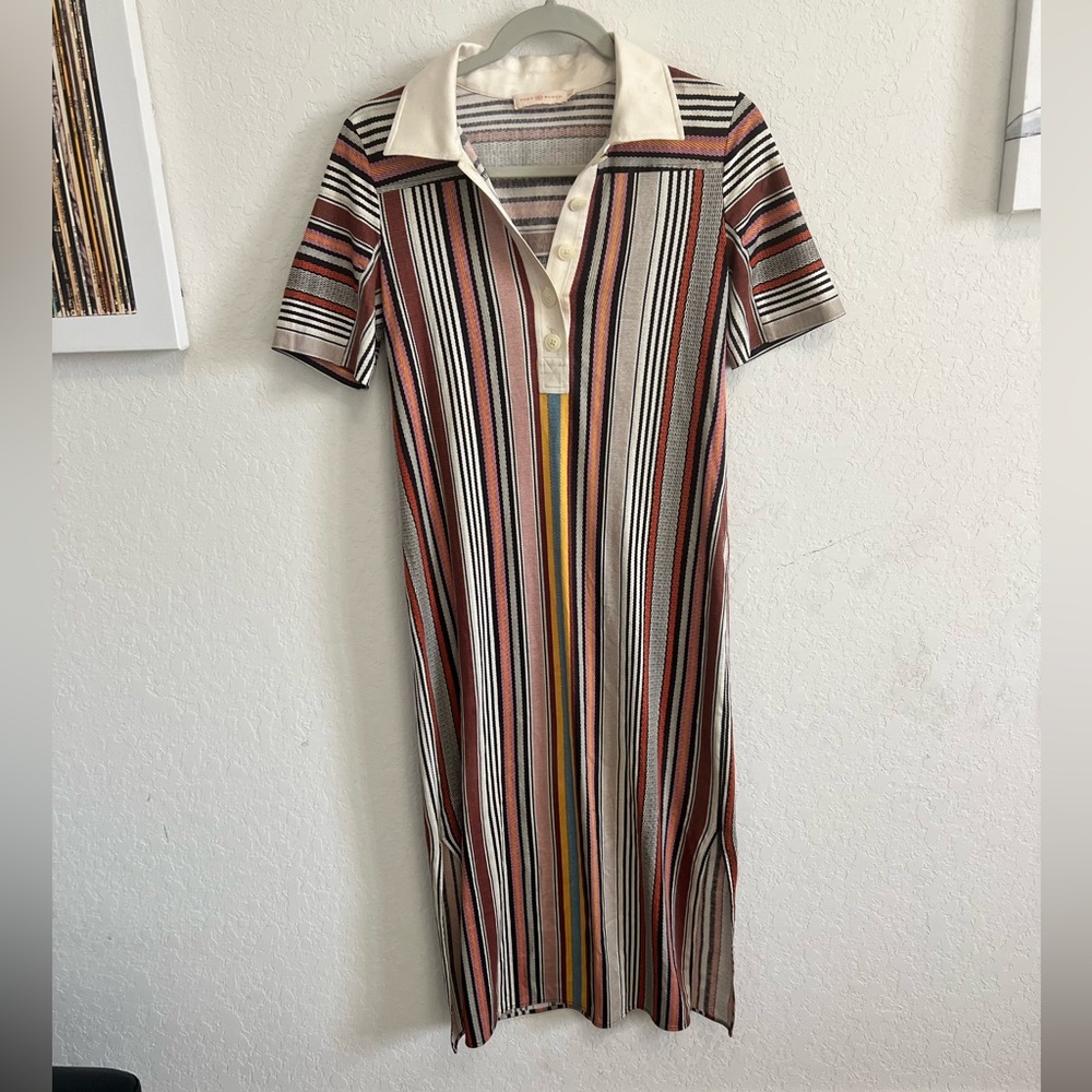 Tory Burch Short Sleeve Striped Polo Midi Sheath Dress